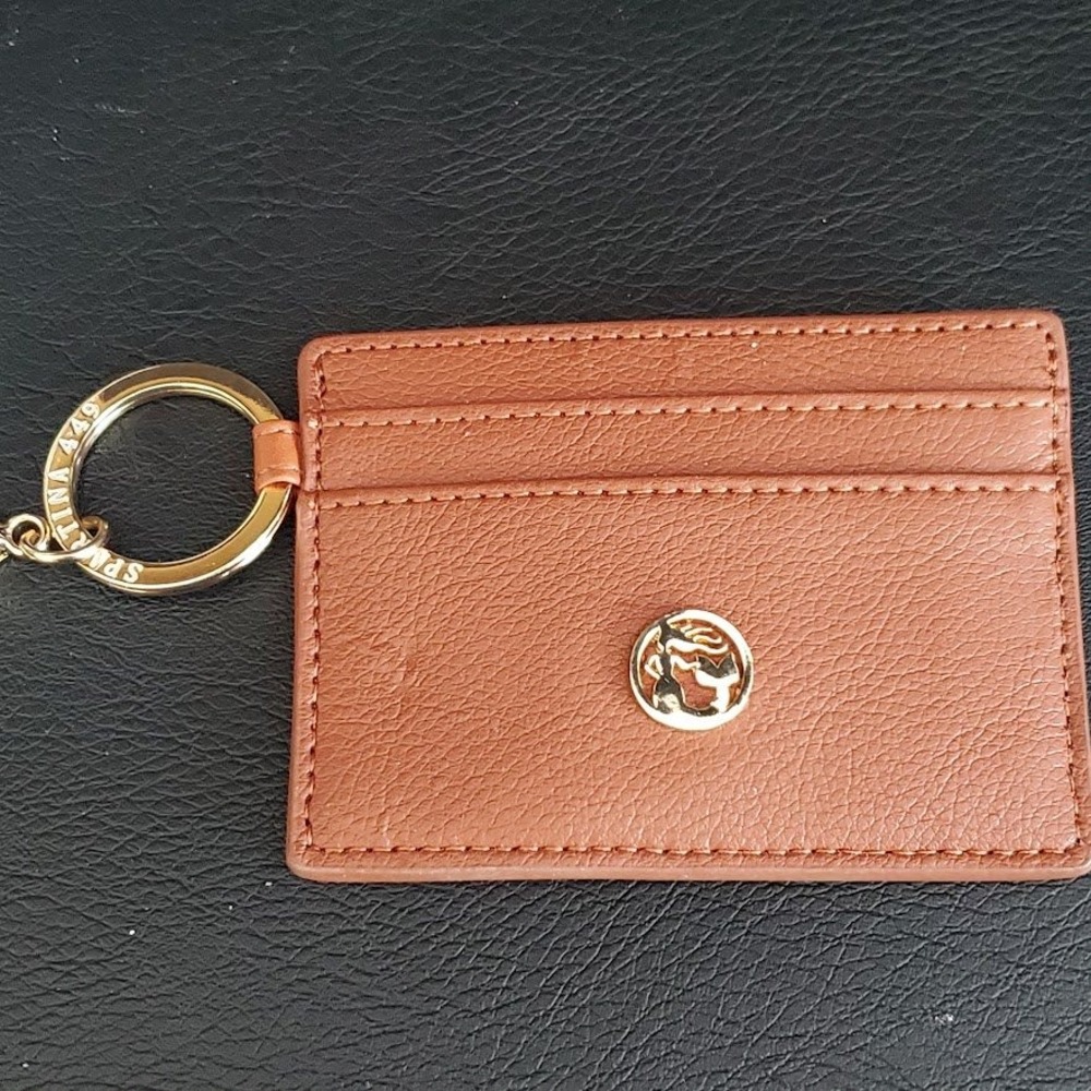 Spartina 449 Womens Brown Faux Leather Slim Card Holder Keychain‎ Gold Tone